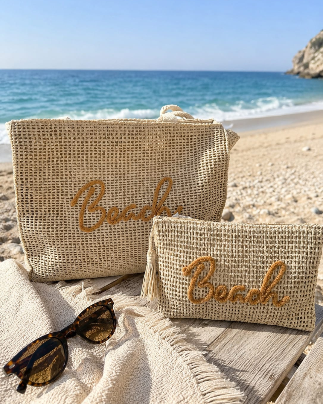 POCHETTE INTRECCIATA CON SCRITTA BEACH