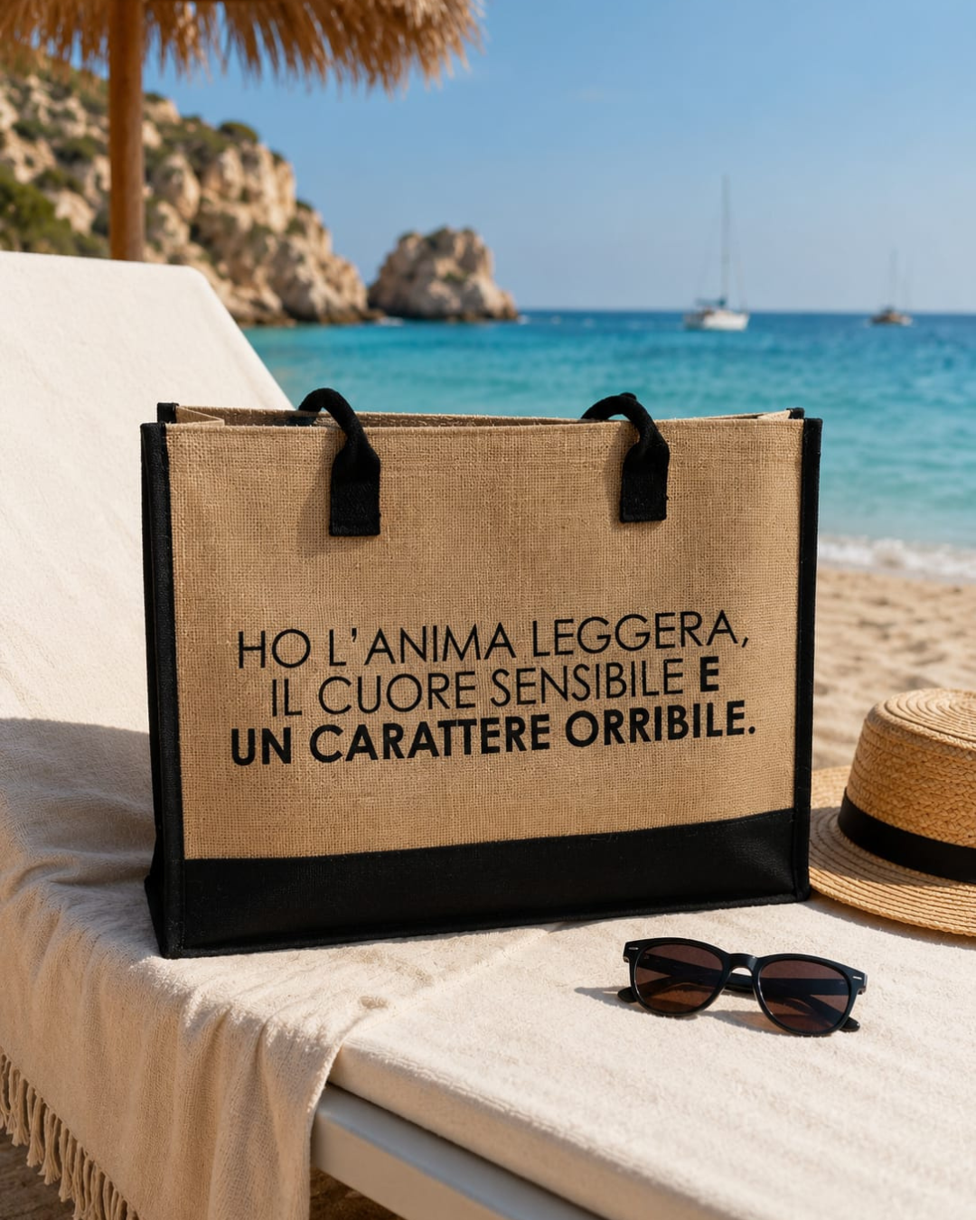 BORSA MARE IN JUTA CON ZIP E FRASI SIMPATICHE MICHEY