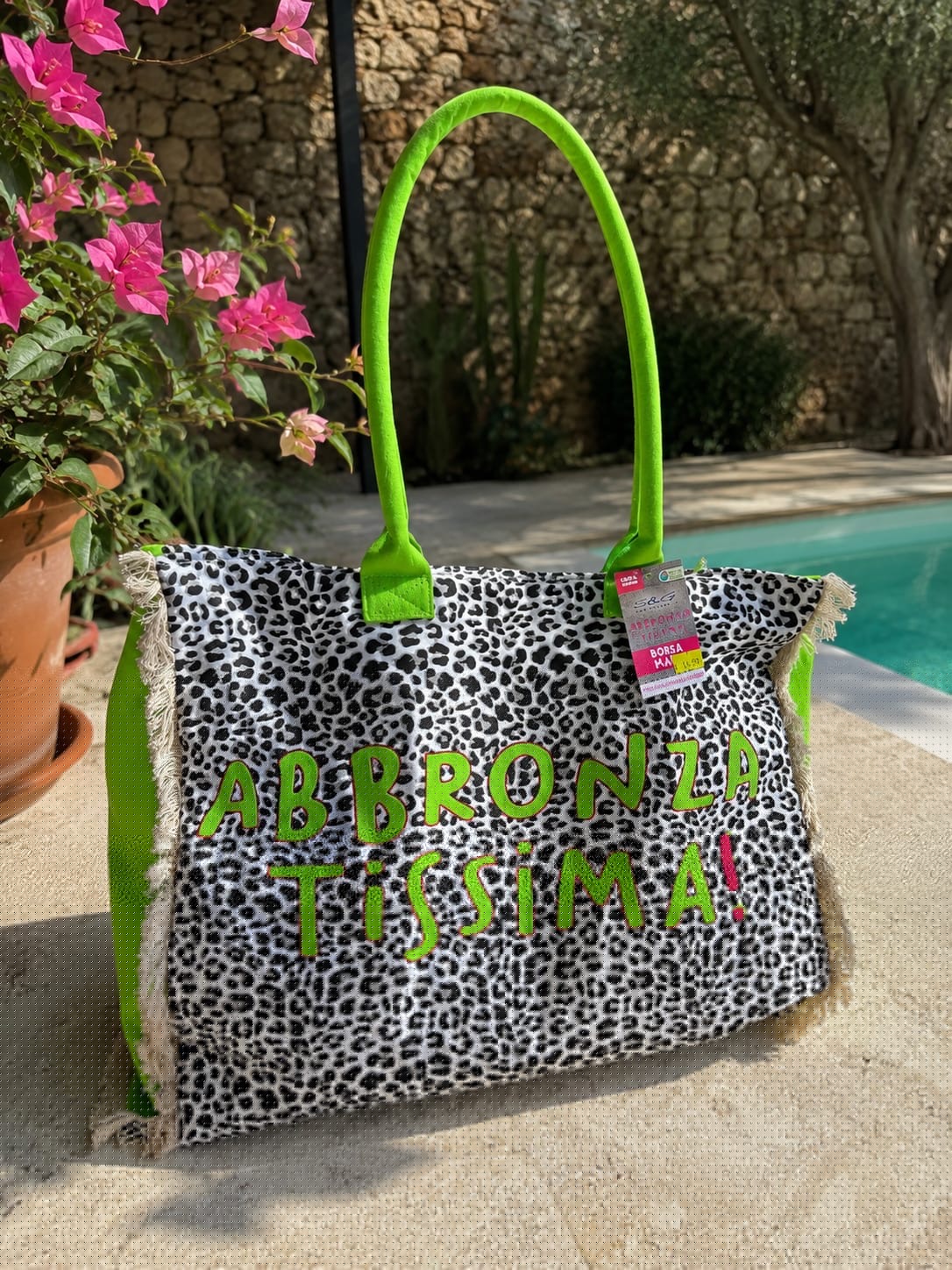 BORSA MARE LEOPARDATA CON FRASE ABBRONZATISSIMA 