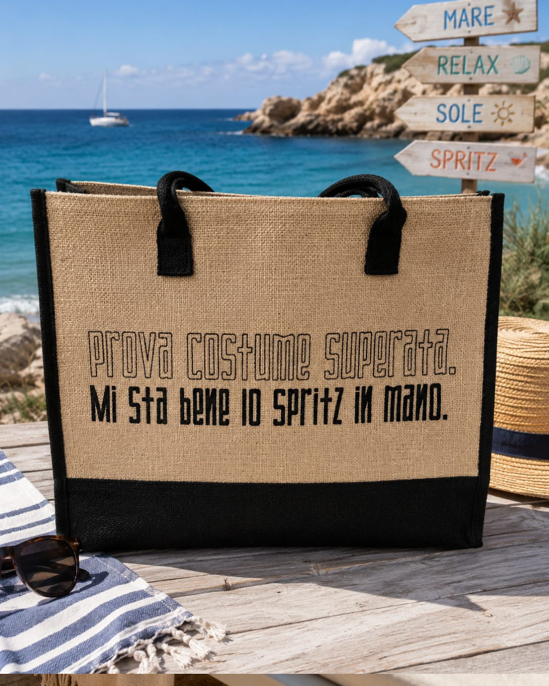 BORSA MARE CON ZIP IN JUTA E FRASI SIMPATICHE