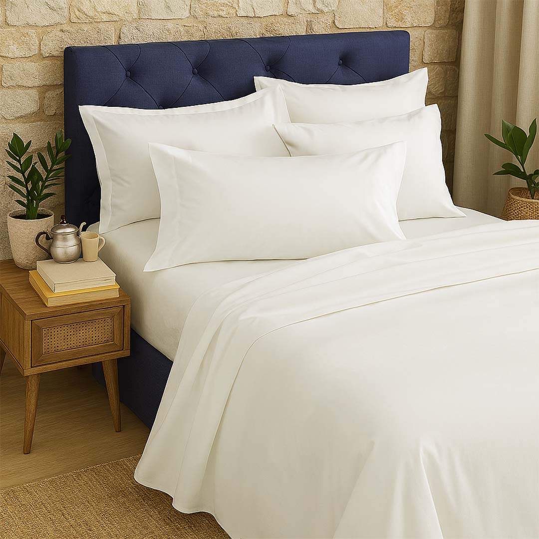 COMPLETO LENZUOLA MATRIMONIALE IN PERCALLE DI COTONE BIANCO 