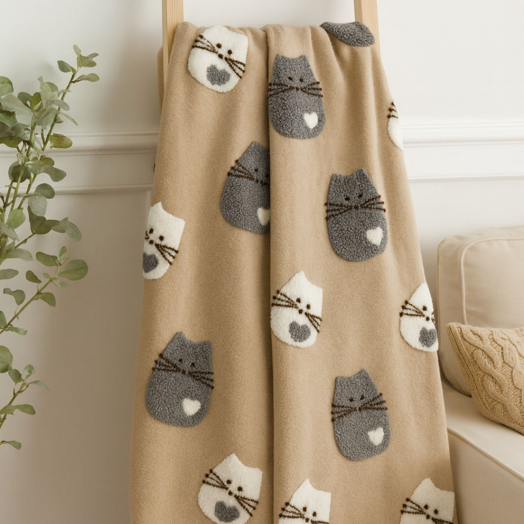 PLAID 130X160 EFFETTO LANA CON GATTINI MIRTILLO