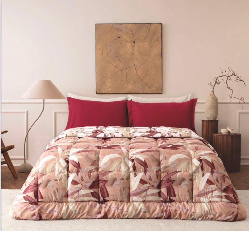 TRAPUNTA MATRIMONIALE DOUBLE FACE IN MICROFIBRA MOTIVO FOLIAGE FLORES