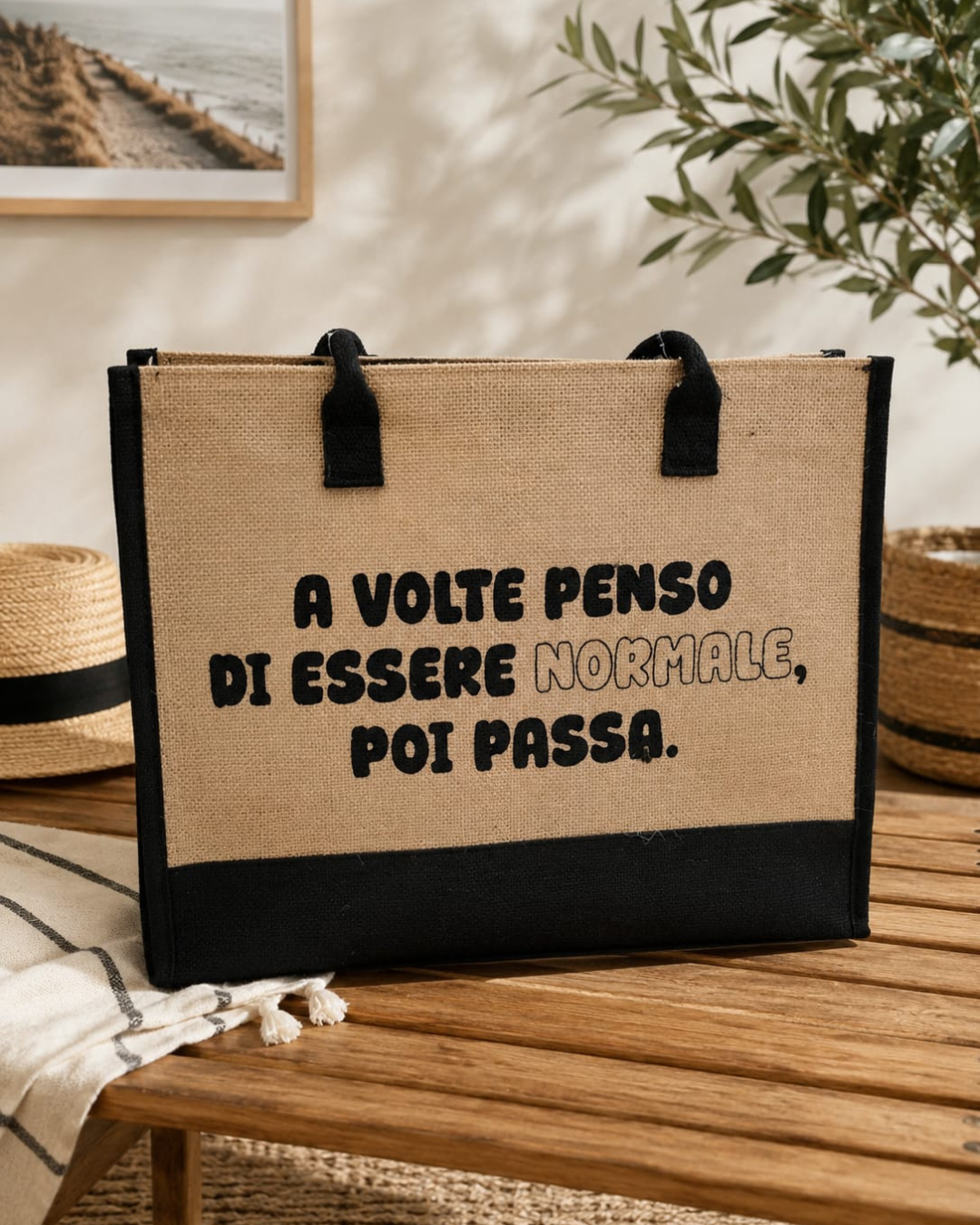BORSA MARE CON ZIP IN JUTA E FRASI SIMPATICHE
