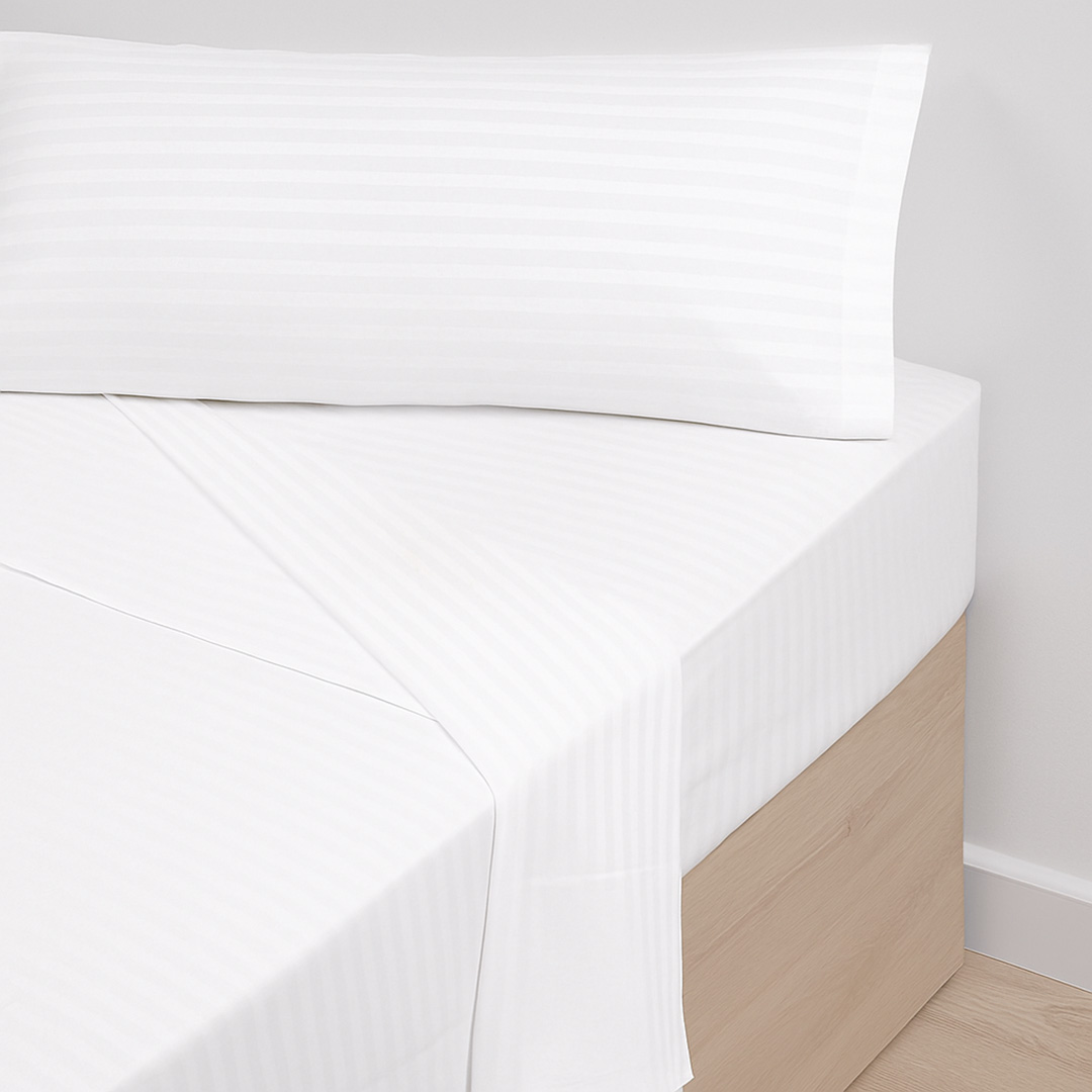 COMPLETO LENZUOLA MATRIMONIALE IN RASO DI COTONE RIGATO BIANCO